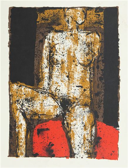 A bold, abstract print of a seated figure rendered in textured layers of gold, white, and red against a dark background.