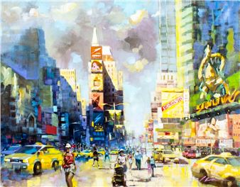 A vibrant, impressionistic city street scene filled with yellow taxis and pedestrians under a bright, cloudy sky.