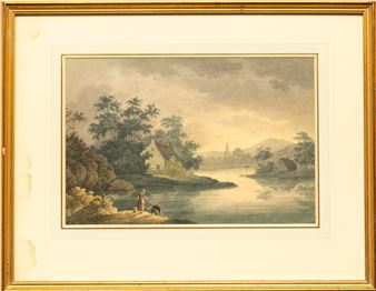 A framed landscape print depicting a figure by a river with distant hills and a church spire.