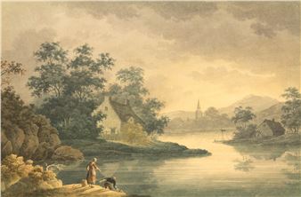 A serene landscape painting featuring a riverside village with figures fishing by the water's edge.