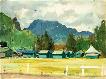 A landscape painting of a small settlement nestled at the foot of mountains under a cloudy sky.