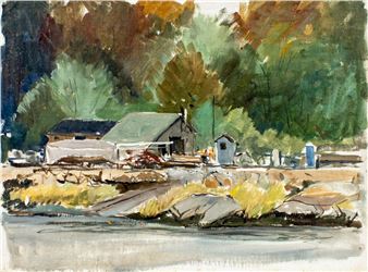 A watercolor landscape of a riverside scene with rustic buildings and autumn foliage.