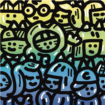 A vibrant graphic print of a crowded scene filled with stylized cat-like figures in green and blue tones.