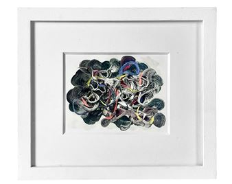 A framed abstract composition featuring a chaotic cluster of dark, swirling forms with splashes of vivid color.