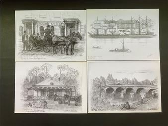 A collection of four vintage-style pencil sketches depicting 19th-century scenes.