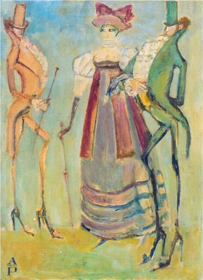 A whimsical painting of three elongated figures in formal attire against a soft, pastel background.