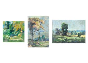 A triptych of impressionist landscape paintings featuring trees, paths, and fields rendered in a soft, dappled style.