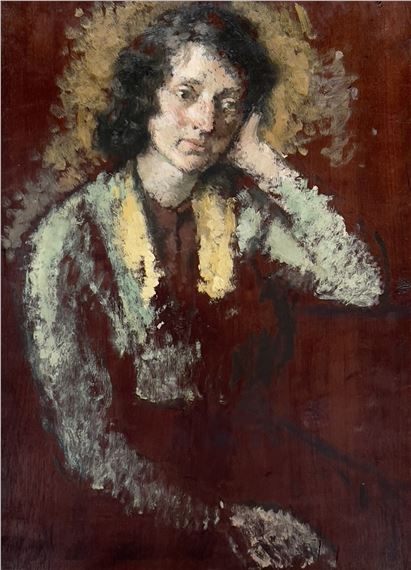 A contemplative figure in a textured portrait with bold brushstrokes and warm earth tones.