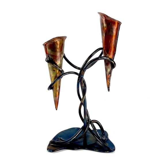A copper double candle holder with sinuous tempered steel supports and base - Paul Hosking