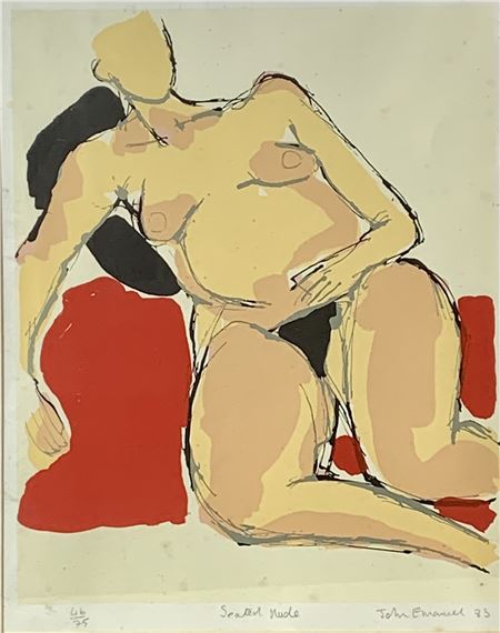 A bold graphic print of a nude figure in a seated pose with vibrant red and black shapes.