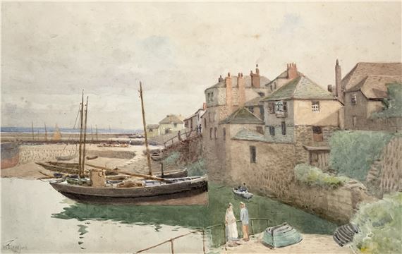 A tranquil harbor scene featuring a stone-walled town, boats, and figures by the water.