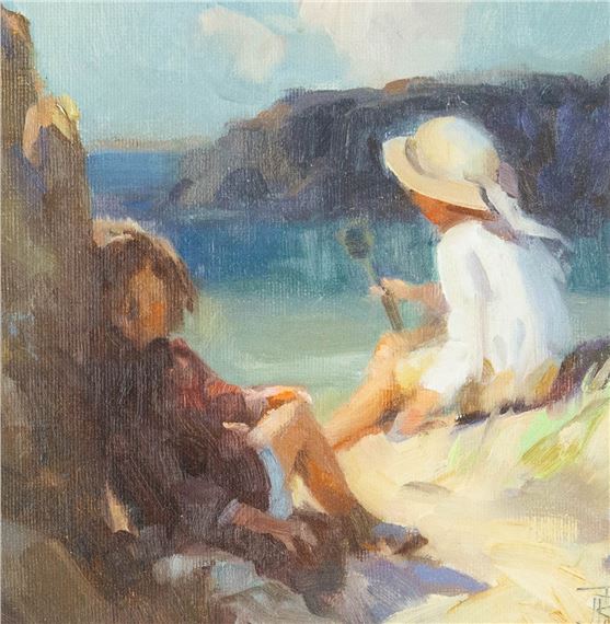A serene oil painting of two figures relaxing on a rocky shore by the sea.