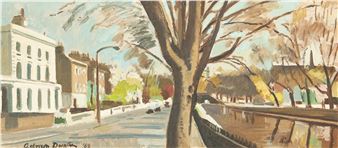 A street scene with a canal, trees, and buildings rendered in soft, impressionistic brushstrokes.