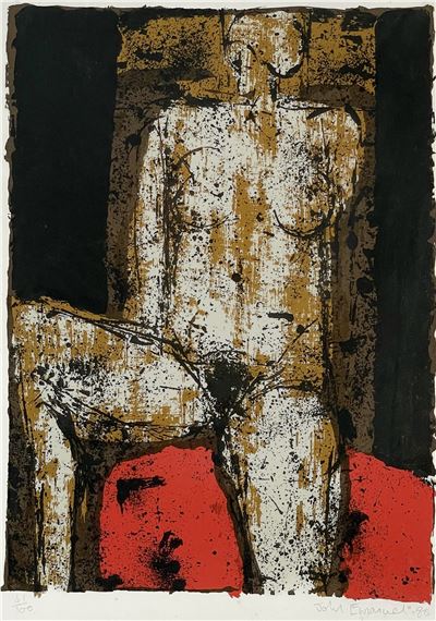 A bold, abstract figure rendered in textured earth tones and stark red against a dark background.