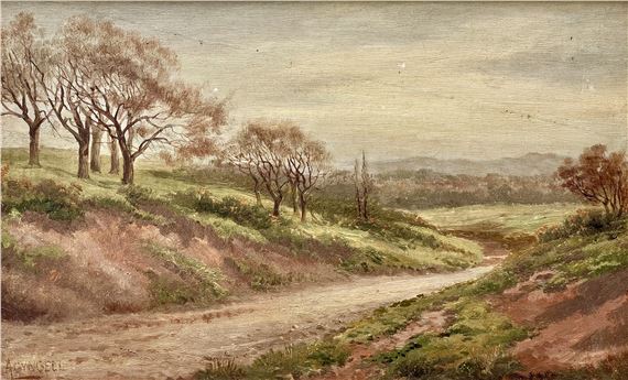 A serene landscape painting of a winding dirt path through rolling hills with bare trees under an overcast sky.