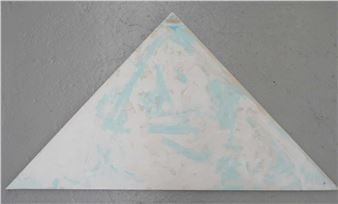 A minimalist geometric canvas featuring a large triangle with abstract blue and white brushstrokes.