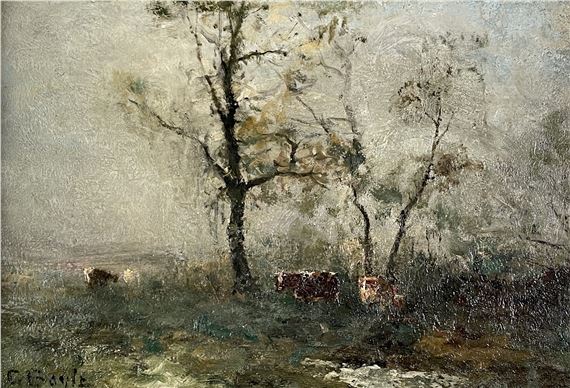A moody landscape painting featuring a solitary tree and grazing animals in a misty field.