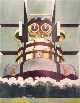 A surreal composition featuring a large, mechanical-looking figure with goggles and a striped body emerging from clouds.