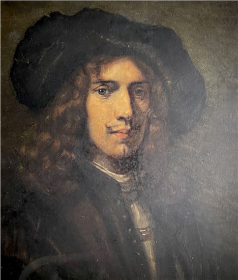 A classical portrait of a figure with long hair and a dark hat, rendered in soft, earthy tones.