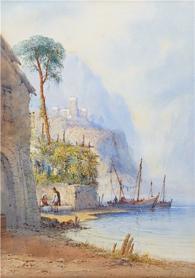 A serene coastal scene featuring a rocky shore, boats at rest, and distant cliffs under a soft sky.