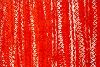 A vibrant red textile pattern featuring white vertical stripes with intricate geometric motifs.