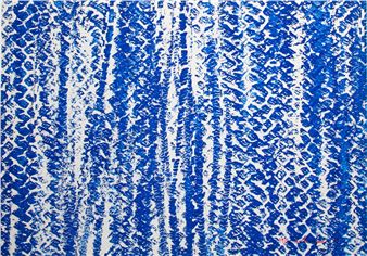 A textured abstract composition of vertical blue and white lines.