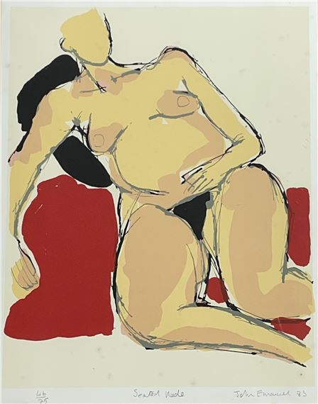 A bold, abstracted figure study using a limited palette of red, black, and ochre.