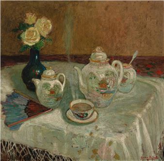 A still life painting of a tea set on a table with a vase of roses.