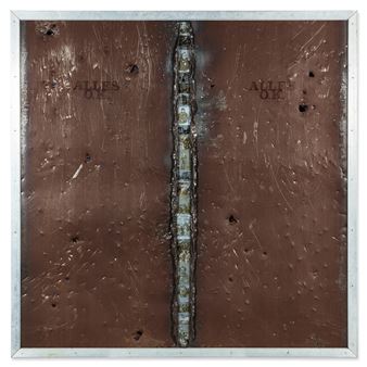 A textured, brown double door with a central vertical seam and scattered bullet holes.