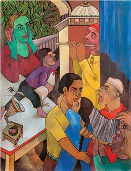 A vibrant, multi-panel illustration depicting a lively street scene filled with musicians and onlookers.