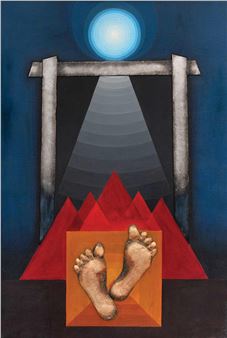 A surreal composition featuring a pair of bare feet emerging from a red geometric structure beneath a spotlighted doorway.