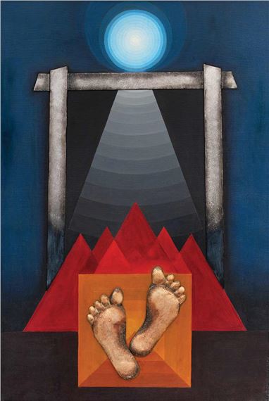 A surreal composition featuring a pair of bare feet emerging from a red geometric structure beneath a spotlighted doorway.
