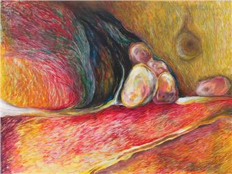 A colorful, textured close-up of a sleeping figure's foot and toes on a vibrant surface.