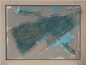 A textured map of the United States rendered in thick, impasto paint with a muted color palette.