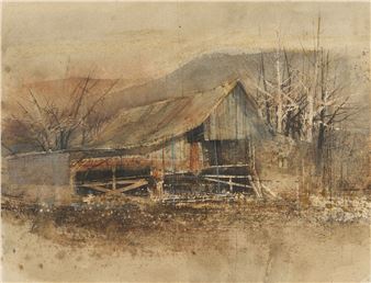 A weathered barn sits alone in a desolate, hazy landscape.