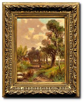 "A pastoral landscape in an ornate frame depicts a solitary figure walking along a path through a sunlit grove."