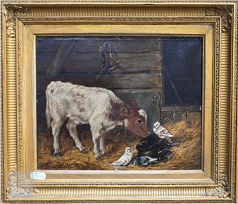 A rustic barn scene featuring a young calf and several birds resting on hay.