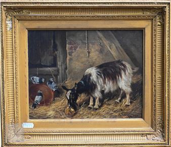 A rustic painting of a goat grazing in a barn with pigeons nearby.