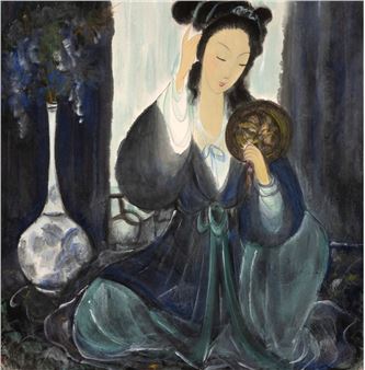Dame mit Spiegel neben einer Vase mit Blumen - Lin Fengmian