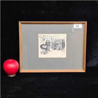 A framed black-and-white illustration of a street scene with figures and a stroller, displayed next to a red apple.