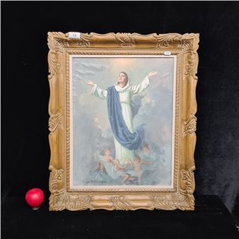 A framed religious painting depicts a central figure with arms raised, surrounded by small figures below.