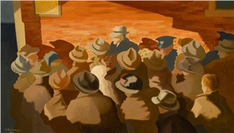A crowd of figures in hats gathered under warm, dramatic lighting.