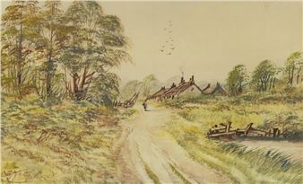 A watercolor landscape of a rural road leading to distant cottages.