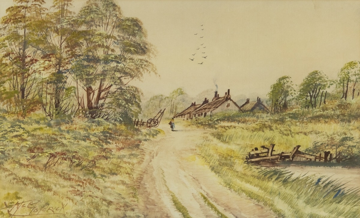 A watercolor landscape of a rural road leading to distant cottages.