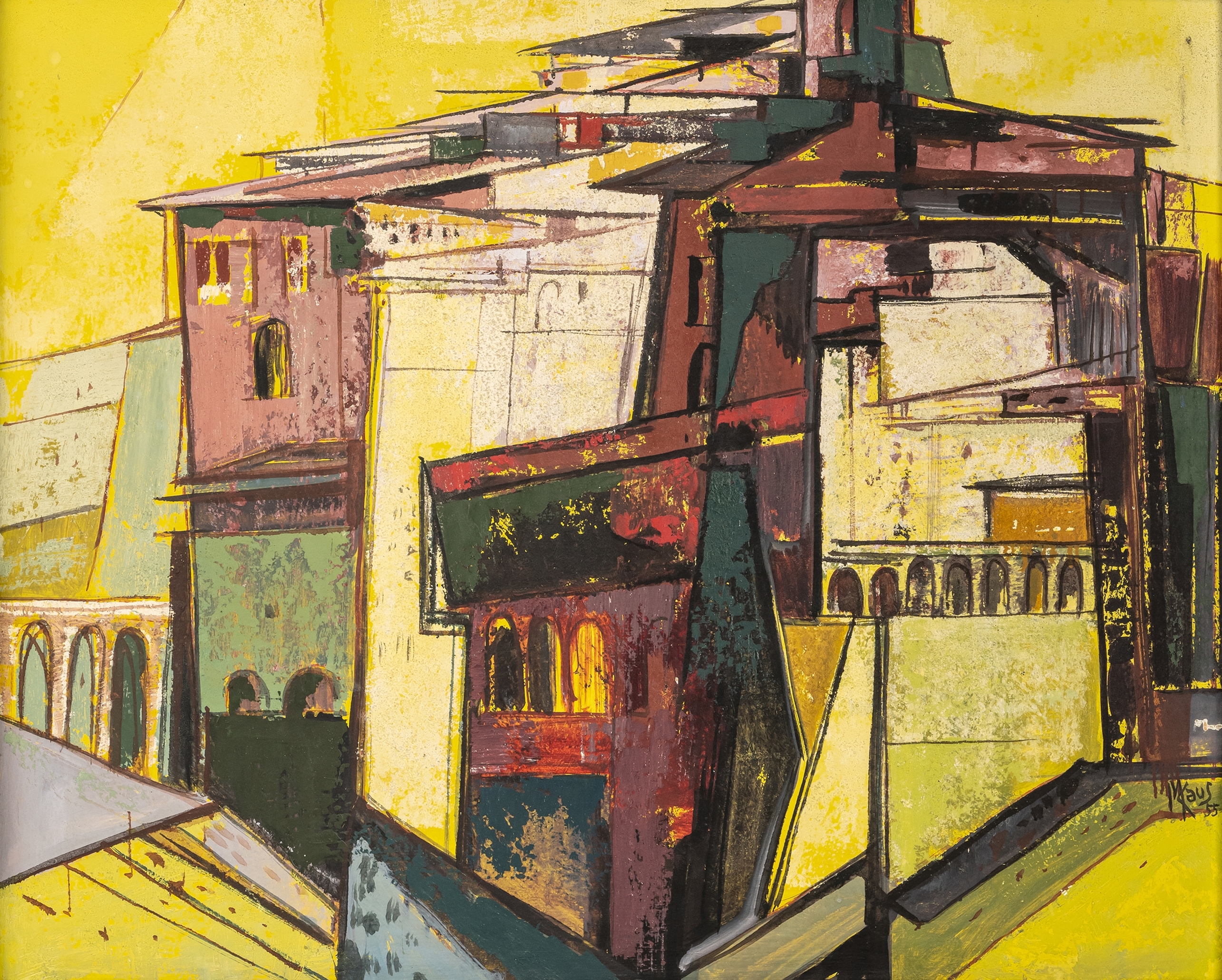A vibrant graphic print of a stacked architectural scene with bold colors and geometric forms.