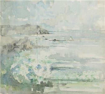 A watercolor seascape capturing the dynamic motion of crashing waves against a distant rocky shore.