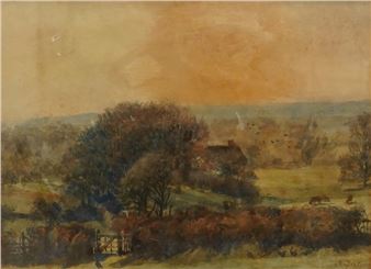 A pastoral watercolor landscape featuring a rustic cottage nestled among trees under a warm, hazy sky.