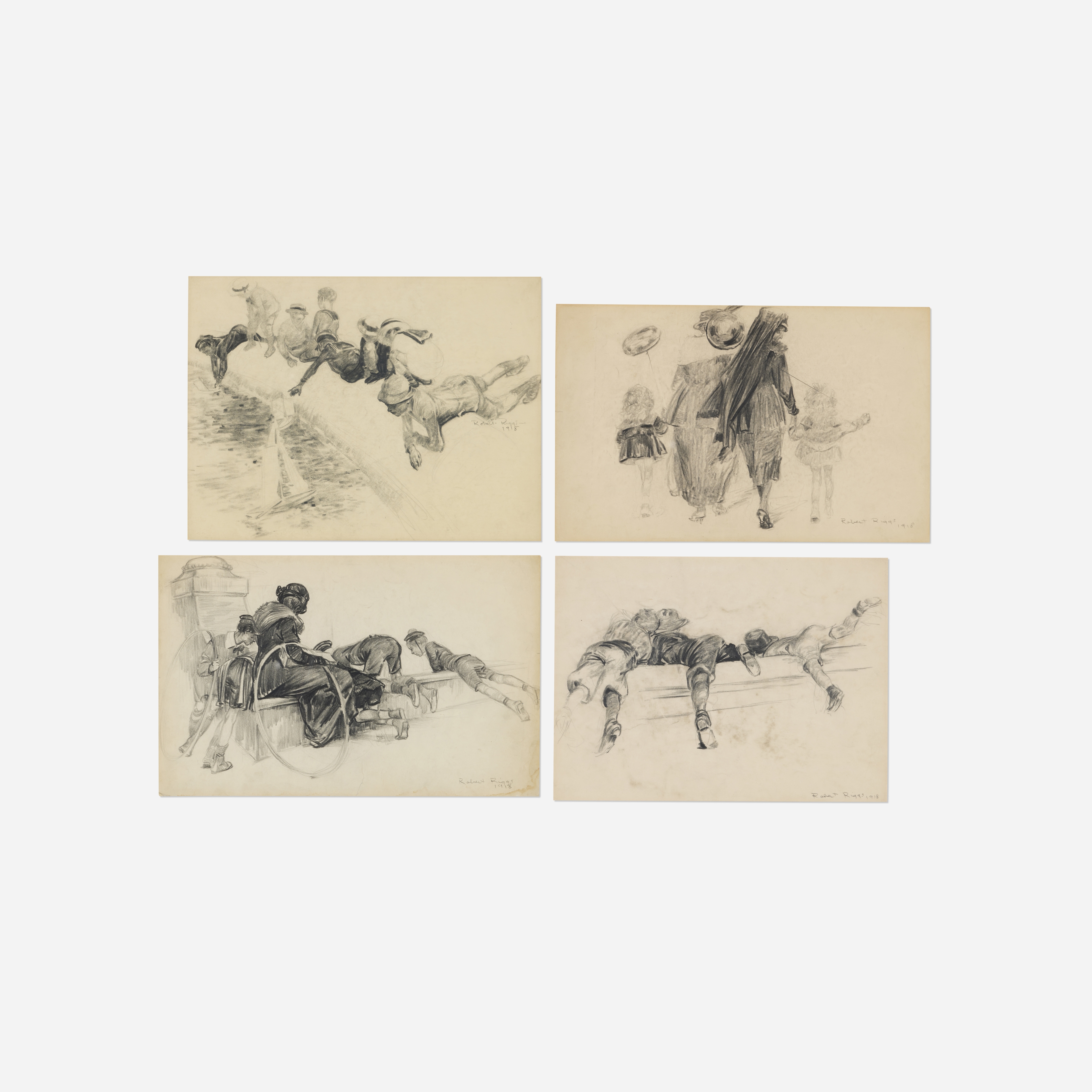 A collection of four loose sketches depicting dynamic human movement and interaction.