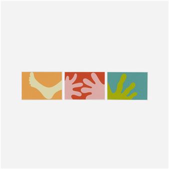 A minimalist triptych of stylized body parts in a flat, graphic design.