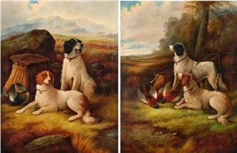 A diptych of two hunting dogs in a pastoral landscape, one with a basket and the other with game.